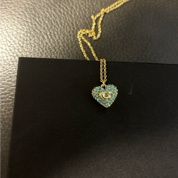 Coach Goldstone Blue Pave’Puffed Heart Signature C Necklace NIB - Picture 3 of 8